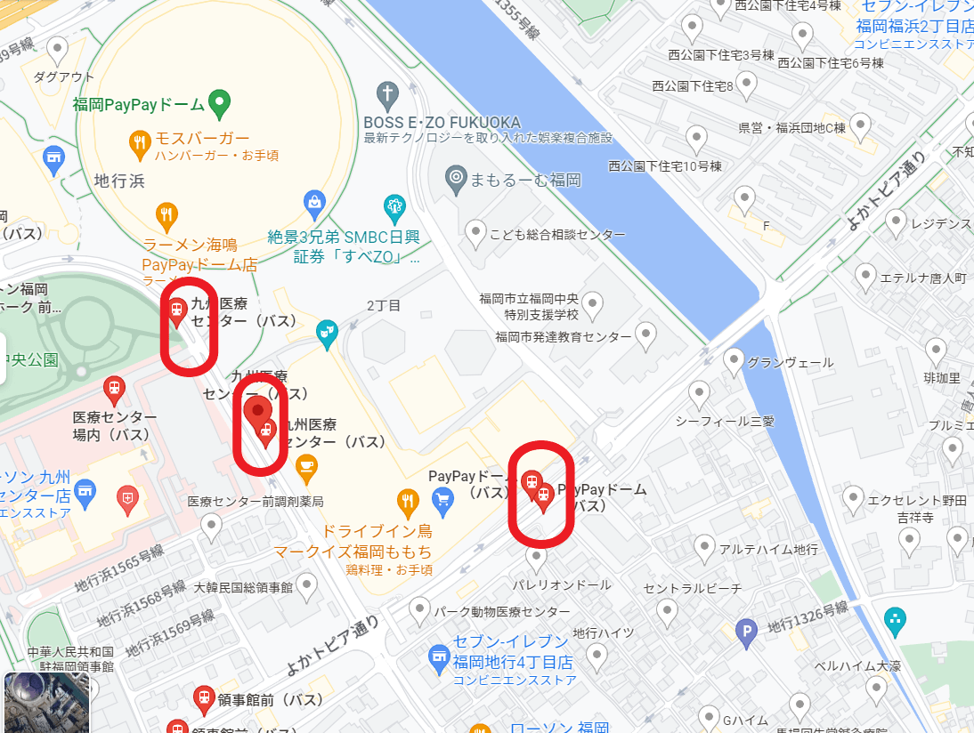 「マークイズ福岡ももち店」へバスで行く場合の地図画像