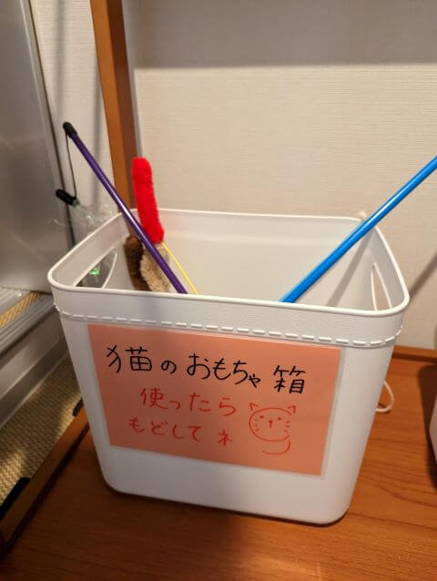 福岡県糸島市にある保護猫カフェ「take9（テイクナイン）」にある猫のおもちゃ箱の画像。猫じゃらしなどが置いてある。