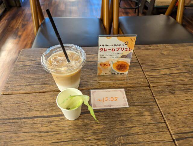 福岡市博多区にある爬虫類カフェ「Dragon Valley（ドラゴンバレー）」の店内テーブルにカフェラテとカメのエサを置いている画像