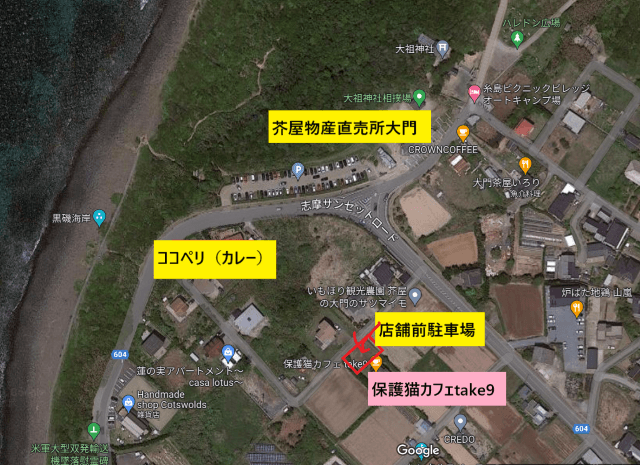 福岡県糸島市にある保護猫カフェ「take9（テイクナイン）」周辺の地図。店舗の前に駐車場がある。