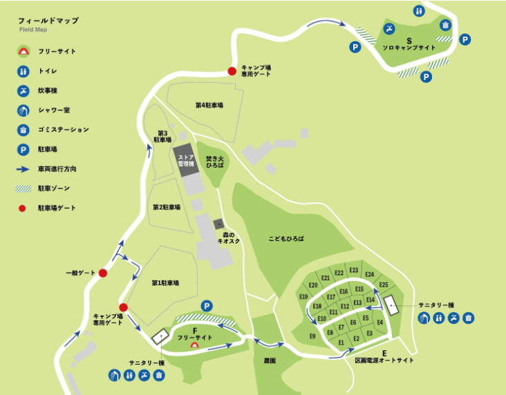 福岡市南区にある「ABURAYAMA FUKUOKA」（旧油山牧場もーもーらんど・油山市民の森）のキャンプ場の地図