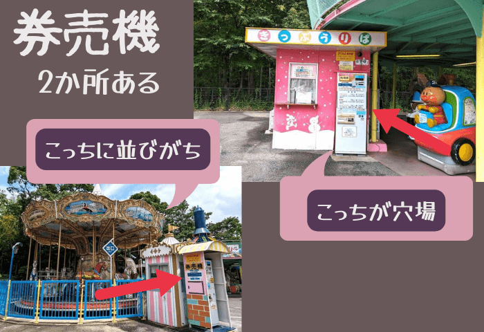 福岡市動物園の南園に位置する遊戯施設「ミニ遊園地」のアトラクションの券売機が2か所の画像。メリーゴーランド前と、アストロメリーの下に券売機がある。
