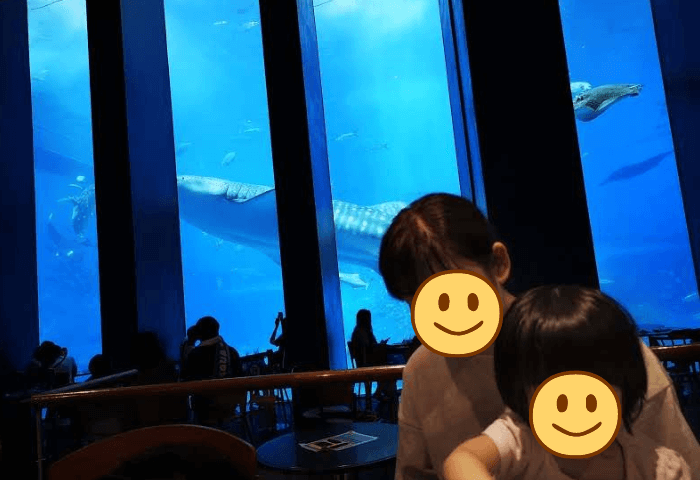 沖縄県国頭郡本部町にある美ら海水族館1階のカフェ「オーシャンブルー」に実際に行って無料席で母と2歳娘が食事をしているところ。後ろの水槽にはジンベイザメが泳いでいる。