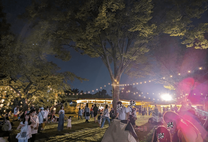 福岡県福岡市中央区にある「福岡市動植物園」【夜の動物園】に2023年8月19日土曜日に行った際の、植物園側ボタニカルライフスクエア前の賑わいの様子。多くの人が芝生の上で楽しんでいる画像。