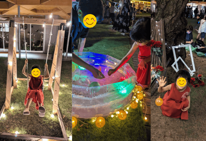 福岡県福岡市中央区にある「福岡市動植物園」【夜の動物園】に2023年8月19日土曜日に行った際の、植物園側ボタニカルライフスクエア前の画像。6歳女の子がヨーヨー釣りをして遊んでいるところと、ブランコで遊んでいるところが写っている。