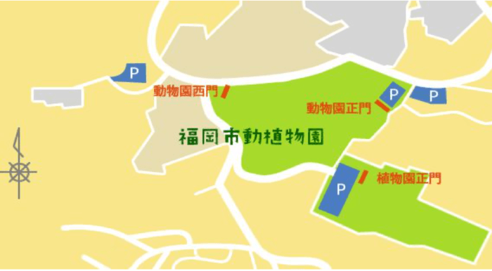 福岡市動植物園の4カ所ある駐車場のマップ