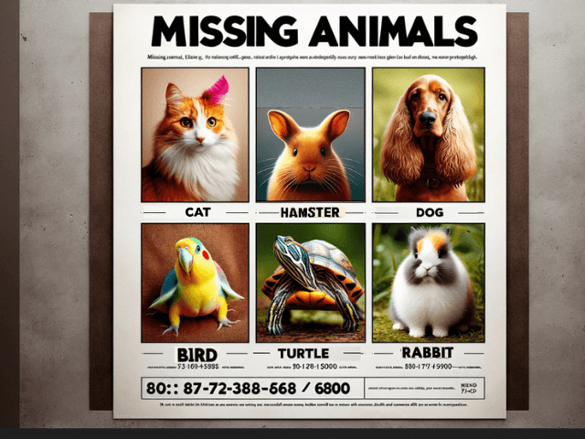 ペット捜索中のポスターイメージ画像。「MISSING ANIMALS」の文字の下に捜索中の動物たちの写真が載せられている。
猫・ハムスター・犬・鳥・亀・うさぎの写真がポスターに貼られている。