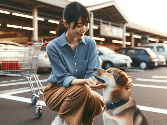 若い女性がスーパーの駐車場で迷っている犬を保護している場面。
若い女性は犬が怖がらないように、しゃがんで犬の頭をなでている。