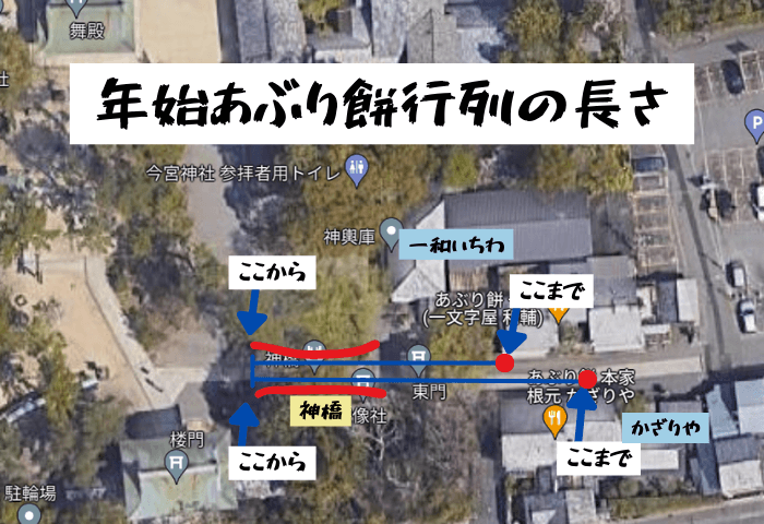 京都市にある今宮神社とあぶり餅屋の「一和」「かざりや」の地図。
年始のあぶり餅の行列の長さを図で示している。
最後尾は同じ神橋だったが、先頭が「一和」よりも「かざりや」の方が奥まで並ぶ必要があることがわかる。